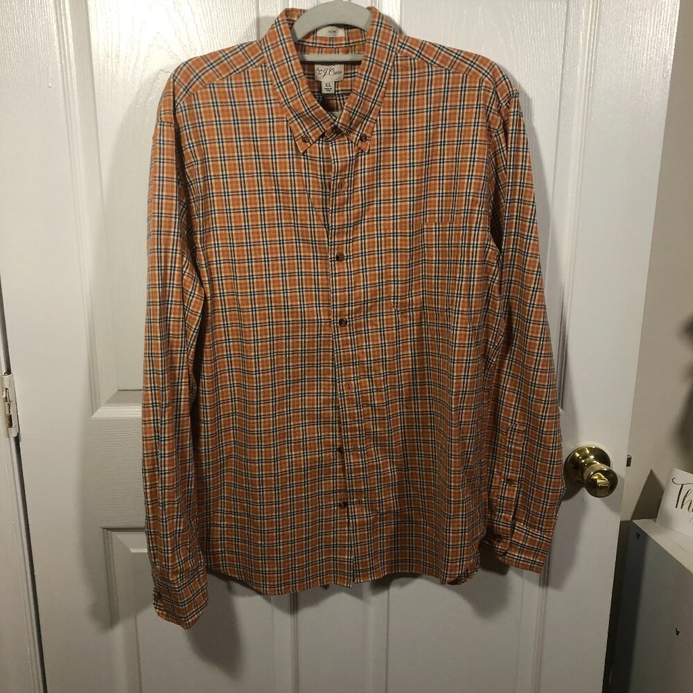 J Crew men long sleeve orange rust shirt, slim fit, brushed twill, size XL,